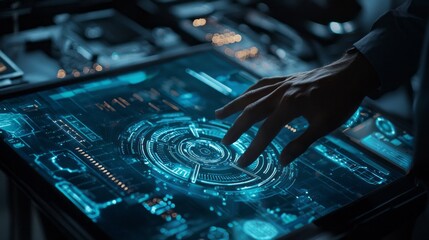 Poster - A hand hovers over a glowing holographic interface filled with intricate data patterns and graphics. The atmosphere is futuristic and sophisticated, showcasing innovation in technology