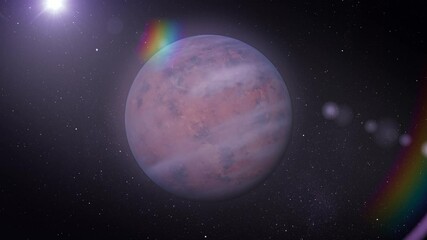 Wall Mural - 
Colorful aura of a distant exoplanet.
A vivid exoplanet with swirling red and orange patterns, surrounded by cosmic light and a faint rainbow hue, set against the starry expanse of space.
