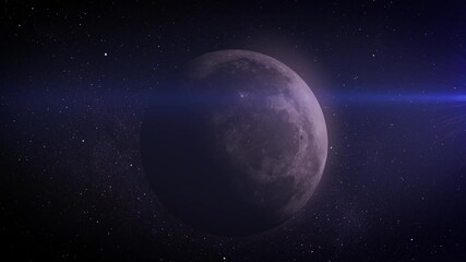 Wall Mural - The rugged surface of a distant moon.
A striking depiction of a moon with a rugged, cratered surface, softly illuminated in the darkness of deep space, framed by distant starlight.
