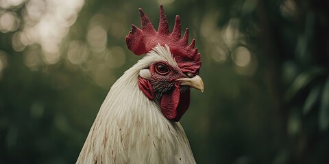 close up portrait of a majestic white rooster with bright red comb and wattle set against a soft blu