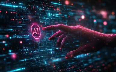 Aufkleber - A Futuristic Representation of Human Interaction with Artificial Intelligence in a Digital Environment with Colorful Neon Effects