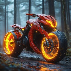 Fototapete - Shiny red yellow motocross with a fierce dragon head design positioned on a misty forest trail The bike's glowing features and intricate details highlight its futuristic and agile nature