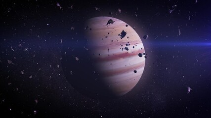 Wall Mural - Jupiter illuminated with asteroid activity.

Jupiter’s vibrant atmosphere glows under warm sunlight, surrounded by a dense field of asteroids and rocky meteors, creating a dynamic and cosmic scene.

