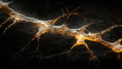 Poster - Abstract close-up of organic patterns with intricate textures and glowing lines reminiscent of neural connections and natural phenomena in dark environment