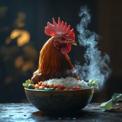 Poster - Side view of featherless rooster meditating in a bowl of rice and vegetables steam rising in 3D 8K UHD quality ultrarealistic with dark blurred background
