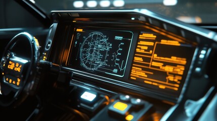 Poster - Futuristic Car Dashboard with High-Tech Display and Neon Lights