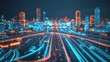© TopMedia - Futuristic Cityscape with Neon Lights and Digital Road Network