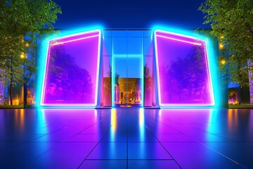 Poster - Neon-lit Entrance to Modern Glass Building at Night