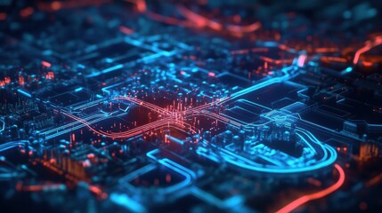 Poster - Futuristic Urban Landscape with Neon Lights and Network Connections