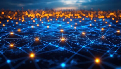 Poster - Abstract Digital Visualization of Network Connections with Glow Effect in a Futuristic Cityscape at Dusk