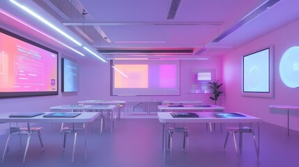 Poster - Modern Classroom with Neon Lights and Digital Learning Tools