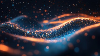 Poster - Abstract digital waves with glowing particles creating a mesmerizing flow of vibrant colors in a dark background for creative projects
