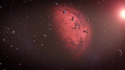 Wall Mural - A glowing red planet mars with asteroids.

A beautifully illuminated red planet with detailed surface textures, surrounded by floating asteroids and rock meteors, under the warm glow of cosmic light.
