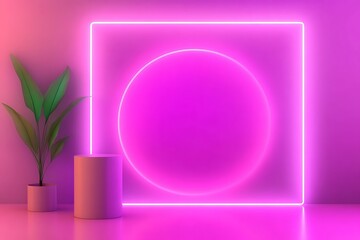 Poster - Pink Minimalist Studio Scene with Neon Lights, Plant, and Cylinder Podium