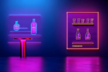Poster - Neon-lit display showcasing sale of bottles and drinks on shelves.