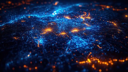 Poster - Abstract nighttime cityscape with glowing lights and vibrant colors in a digital texture representing energy, technology, and urban life aesthetics