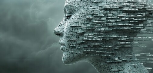 Poster - Abstract representation of a face composed of digital elements, symbolizing the intersection of technology and human identity in a futuristic setting