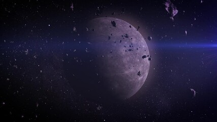 Wall Mural - the moon surrounded by drifting asteroids.

A rugged moon with a cratered surface, encircled by a dense swarm of asteroids and rock meteors, set against the tranquil backdrop of deep space.

