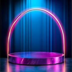 Poster - Neon-lit Circular Archway Framing a Purple Marble Display Pedestal