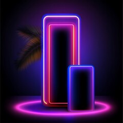 Poster - Neon-lit geometric shapes with palm leaf, vibrant dark background.