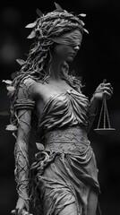 Poster - Side view of Justizia formed branches and roots with flowing branch and leaf hair holding a scale blindfolded in a hyperdetailed 3D black and white photo dark blurred background