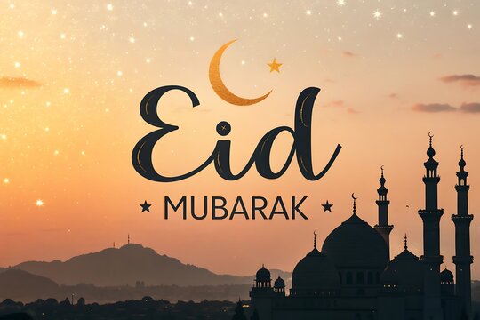 Eid Mubarak greeting with mosques silhouette at sunrise