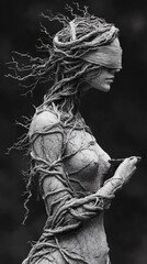 Poster - Side view of Justizia formed branches and roots with flowing branch and leaf hair holding a scale blindfolded in a hyperdetailed 3D black and white photo dark blurred background