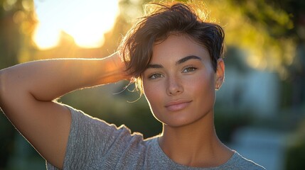 Aufkleber - A young woman enjoys a moment of serenity as the sun sets behind her, casting a warm glow. With a playful pose and a gentle smile, she embodies the beauty of a peaceful evening in nature