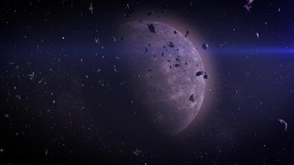 Wall Mural - the moon surrounded by drifting asteroids.

A rugged moon with a cratered surface, encircled by a dense swarm of asteroids and rock meteors, set against the tranquil backdrop of deep space.

