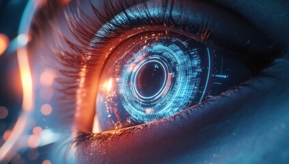 Poster - close-up of a futuristic human eye with glowing technology inside, showcasing digital circuitry and 
