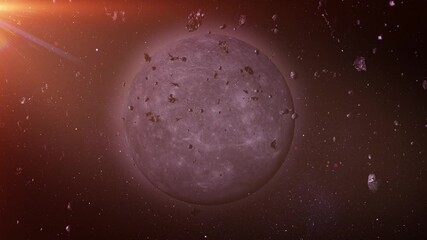 Wall Mural - the moon surrounded by drifting asteroids.

A rugged moon with a cratered surface, encircled by a dense swarm of asteroids and rock meteors, set against the tranquil backdrop of deep space.

