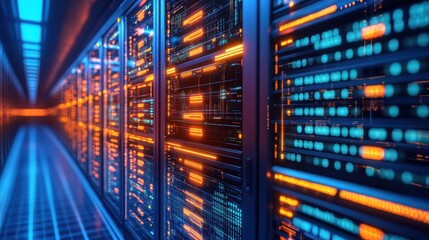 Poster - High-Tech Data Center with Bright Lights and Server Racks