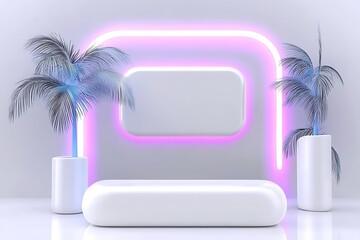Poster - Minimalist White Product Display with Neon Lights and Palm Plants