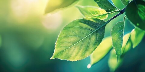 Wall Mural - fresh green leaves with intricate textures, softly illuminated by a warm sunlight background, creati