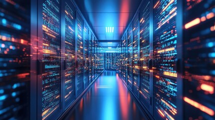 Poster - Futuristic Data Center Corridor with Neon Lights and Server Racks