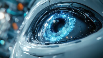 Poster - Close-up of Futuristic Cybernetic Eye with Glowing Technology, Digital Circuit Patterns, and High-Tech Visual Elements for Science and Innovation Themes
