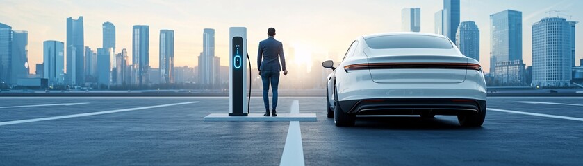 Poster - a city street with electric vehicle charging stations, promoting clean transportation. the sleek car
