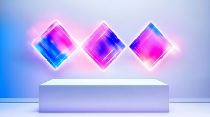 Poster - Neon-lit,  geometric display with a minimalist white platform.