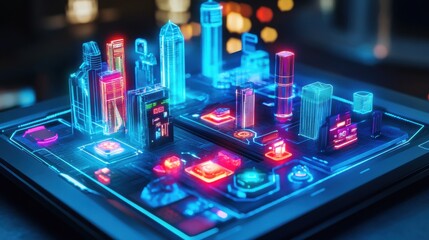 Aufkleber - Futuristic Cityscape with Neon Lights and Digital Elements at Night