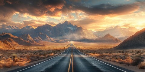 Wall Mural - Stunning desert landscape at sunset featuring a long winding road disappearing into the horizon framed by mountains and colorful clouds above.