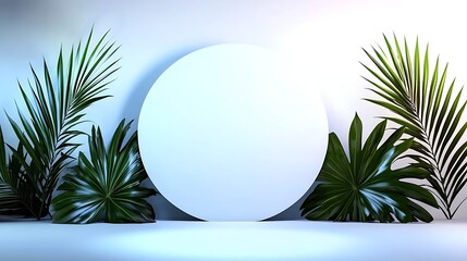 Poster - Minimalist Product Display with Lush Tropical Foliage and a White Circle