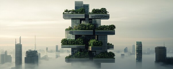 Poster - A futuristic city skyline featuring green rooftops, vertical gardens, and renewable energy sources. The urban environment seamlessly blends technology and nature. Sustainable architecture, smart