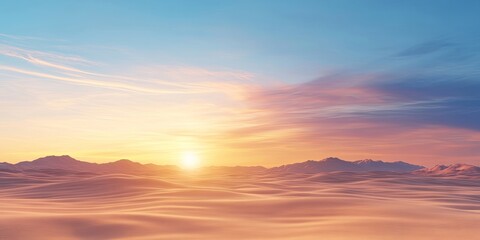 Wall Mural - Serene desert landscape at sunset with soft golden and pink hues, smooth sand dunes in the foreground, and distant mountains under a blue sky.