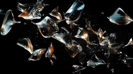Poster - A dramatic shot of glass shards scattering in multiple directions, frozen mid-air with each piece sparkling against the black void.