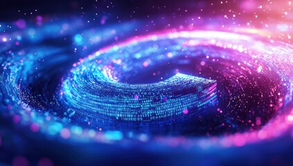Poster - Colorful abstract background with swirling luminous particles and flowing digital data streams representing technology and innovation in a virtual space
