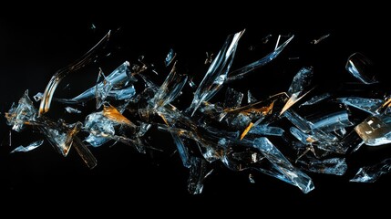 Poster - A dramatic shot of glass shards scattering in multiple directions, frozen mid-air with each piece sparkling against the black void.