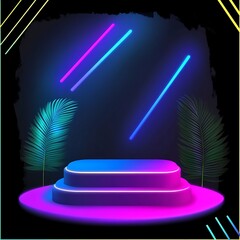 Poster - Neon-lit three-tiered platform with tropical leaves against a dark background.