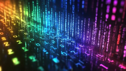 Poster - Colorful digital binary code displaying vibrant data streams with glowing lights creating a futuristic tech background for various applications