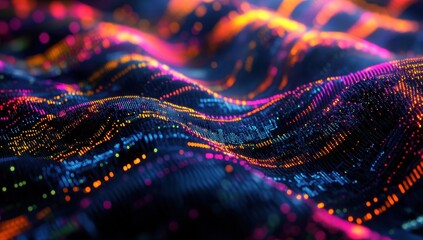 Poster - Colorful flowing abstract digital landscape with glowing neon lines and particles in vibrant hues, representing technology and innovation in motion.