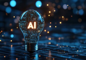 Poster - Conceptual representation of artificial intelligence symbolized by glowing light bulb with digital circuit patterns and sparks on a dark background